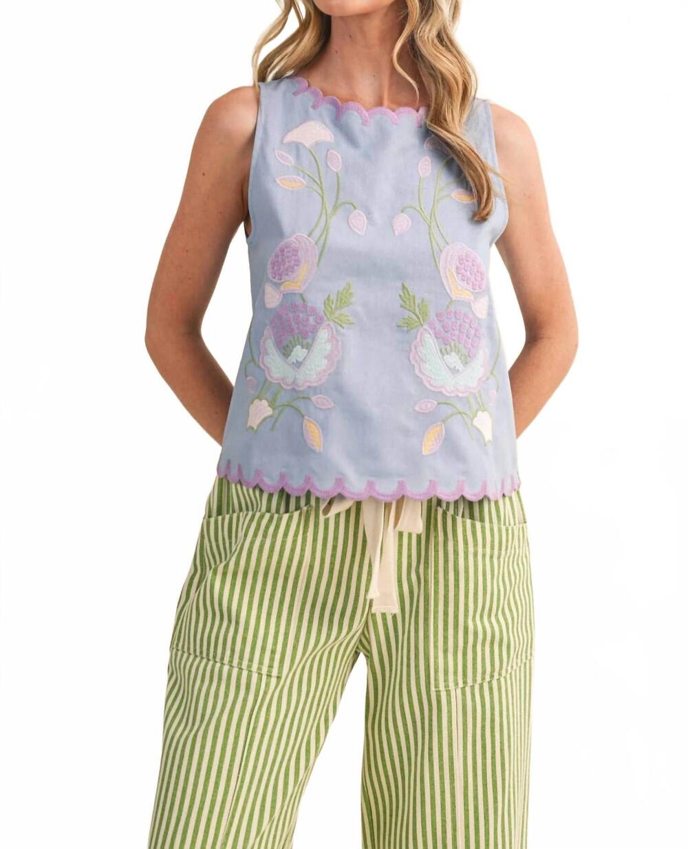 NEW EN MERCI floral embroidery tank top in ice blue